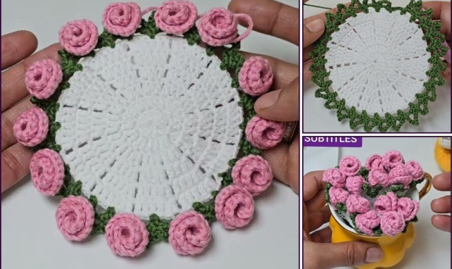 How to Crochet a Pink Rose Bouquet Coaster🧶🧶🌸🌸🥛🥛