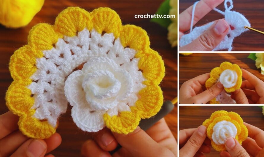 🌹🧶 How to Crochet a Rose Flower with White and Yellow Yarn