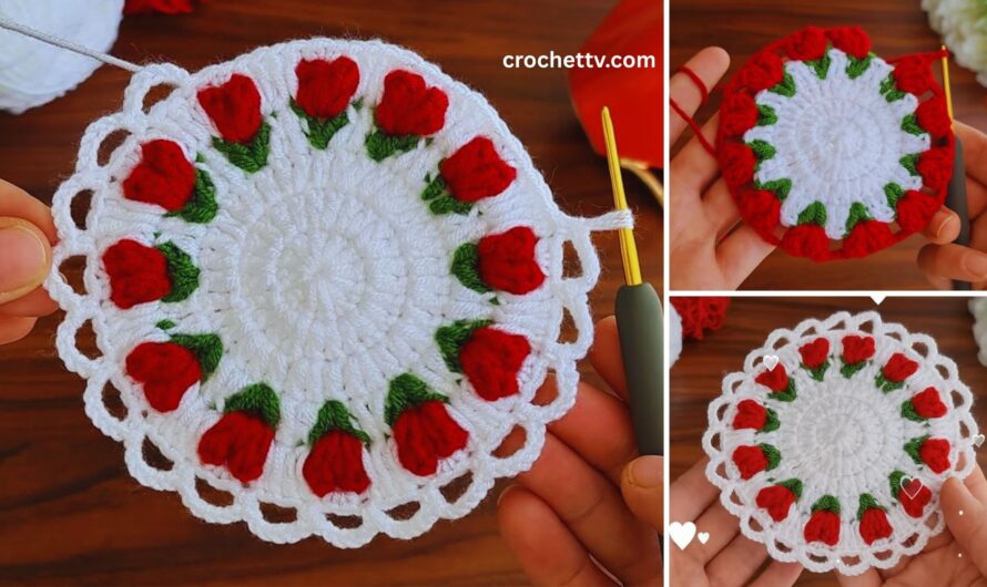 🌷🌸 How to Make a 3D Crochet Tulip Pattern Coaster with Crochet Rose Flowers | Step-by-Step Pattern